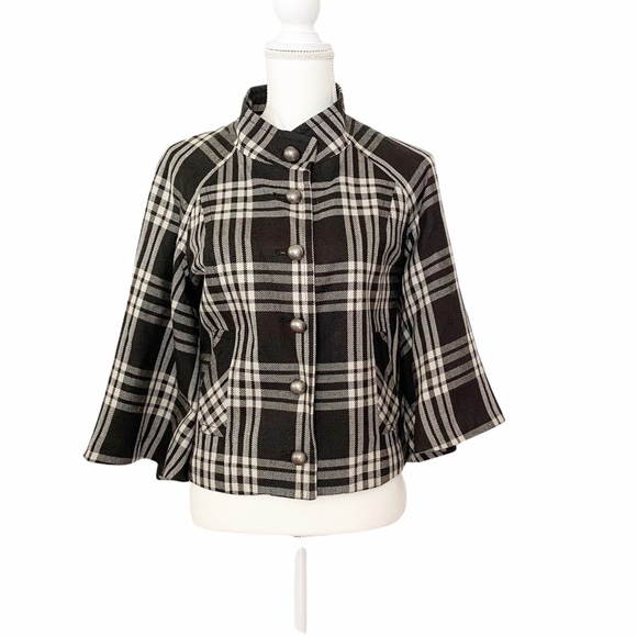 Larry Levine Black White Off White Plaid Crop Jacket Blazer Size 10 - Picture 1 of 11